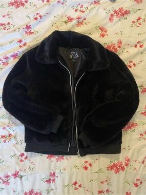 Say What? Black Plush Faux Fur Zip Jacket